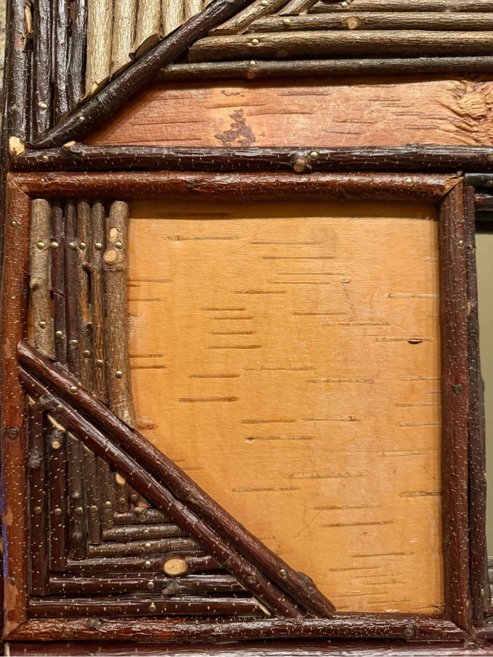 Rustic Geometric Wood Twig Wall Mirror - Brown